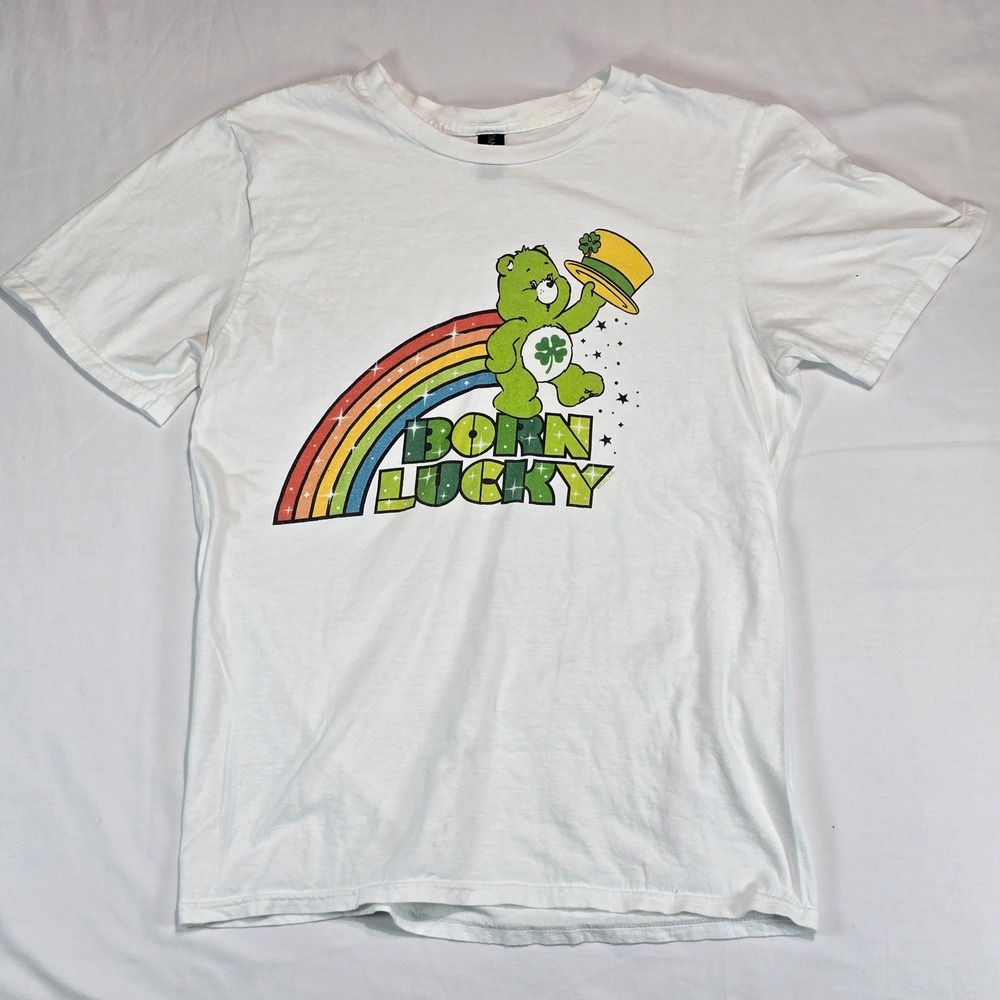 Anvil Care Bears Born Lucky T-Shirt White Small Good Luck Bear‎ St Patricks Day